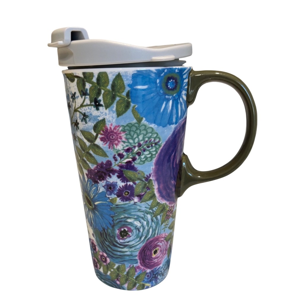 Cypress Home 17oz Ceramic Travel Mug Floral Watercolor Blue Purple Green w Lid